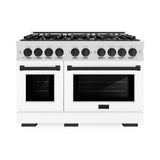ZLINE Autograph Edition 48 in. 6.7 cu. ft. Select Double Oven Dual Fuel Range with 8 Burner Gas Cooktop in DuraSnow® Stainless Steel with White Matte Doors and Matte Black Accents (HDRSZ-WM-48-MB) - (HDRSZWM48MB) -