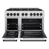 ZLINE Autograph Edition 48 in. 6.7 cu. ft. Select Double Oven Dual Fuel Range with 8 Burner Gas Cooktop in DuraSnow® Stainless Steel with White Matte Doors and Matte Black Accents (HDRSZ-WM-48-MB) - (HDRSZWM48MB) -