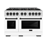 ZLINE Autograph Edition 48 in. 6.7 cu. ft. Select Double Oven Dual Fuel Range with 8 Burner Gas Cooktop in DuraSnow® Stainless Steel with White Matte Doors and Matte Black Accents (HDRSZ-WM-48-MB) - (HDRSZWM48MB) -