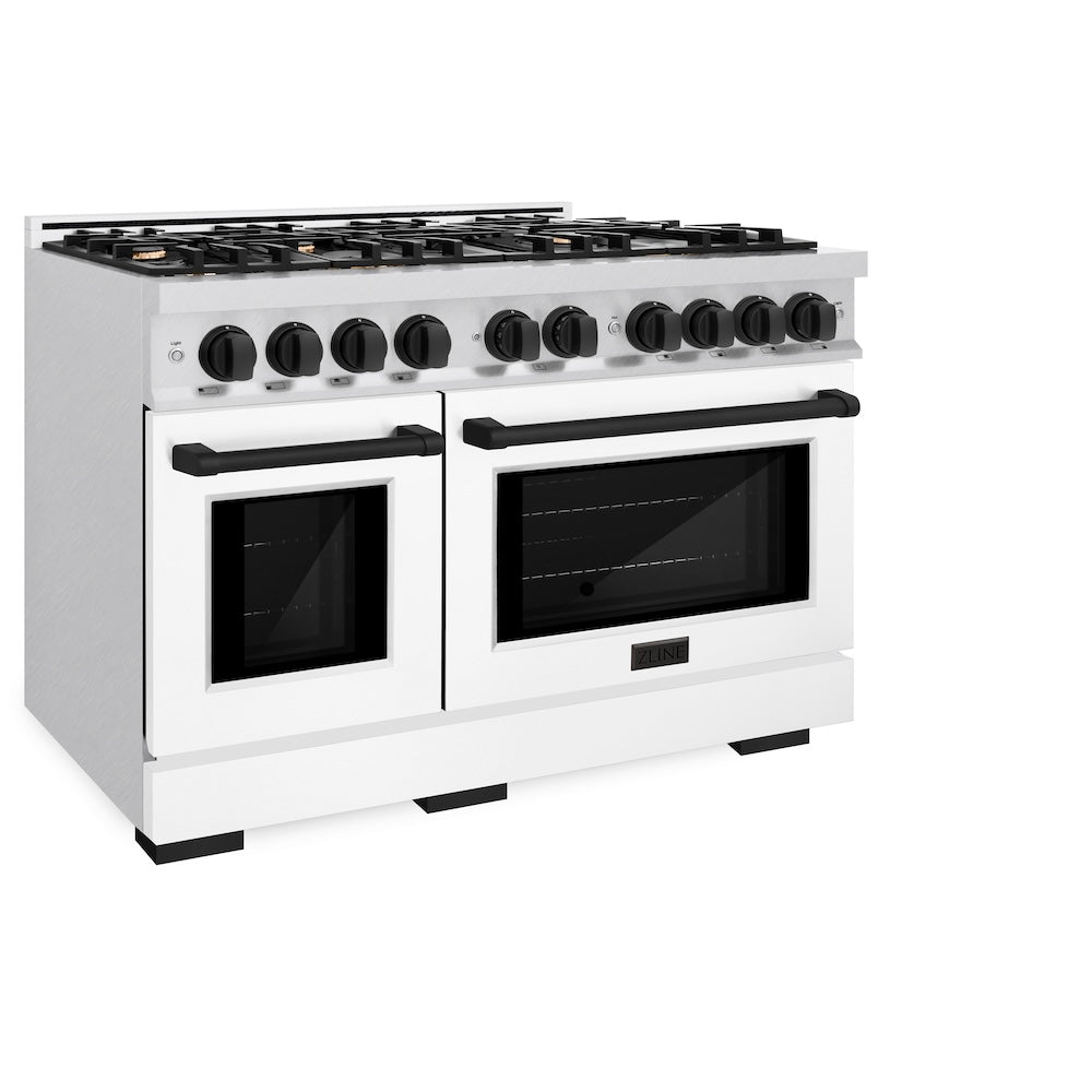 ZLINE Autograph Edition 48 in. 6.7 cu. ft. Select Double Oven Dual Fuel Range with 8 Burner Gas Cooktop in DuraSnow® Stainless Steel with White Matte Doors and Matte Black Accents (HDRSZ-WM-48-MB) - (HDRSZWM48MB) -