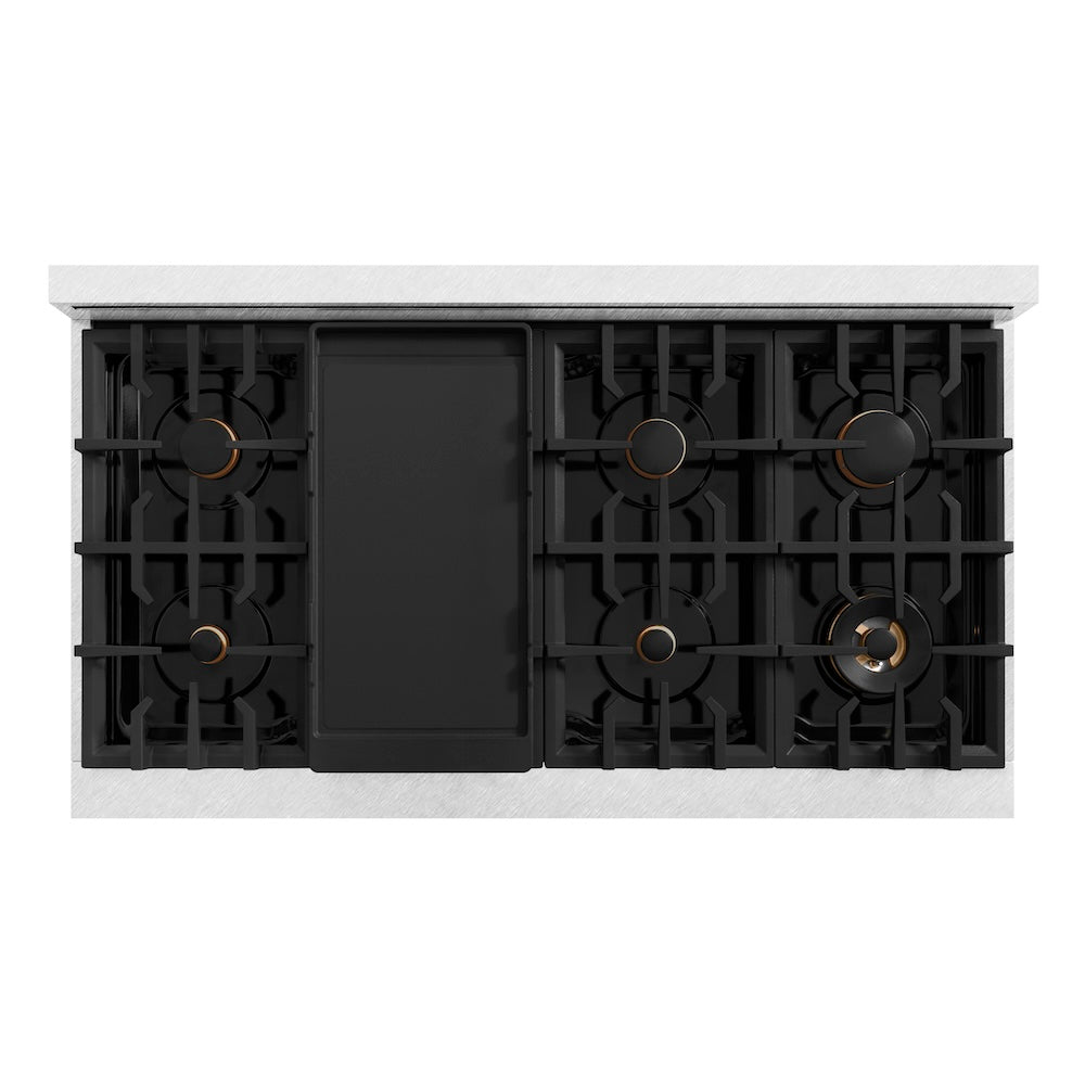 ZLINE Autograph Edition 48 in. 6.7 cu. ft. Select Double Oven Dual Fuel Range with 8 Burner Gas Cooktop in DuraSnow® Stainless Steel with White Matte Doors and Matte Black Accents (HDRSZ-WM-48-MB) - (HDRSZWM48MB) -