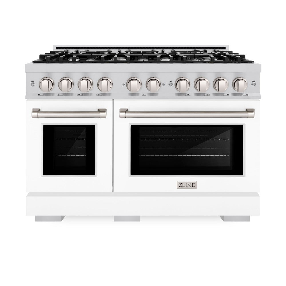 ZLINE 48 in. 6.7 cu. ft. Select Double Oven Dual Fuel Range with 8 Burner Gas Cooktop in Stainless Steel with White Matte Doors (HDR-WM-48) - (HDRWM48) -