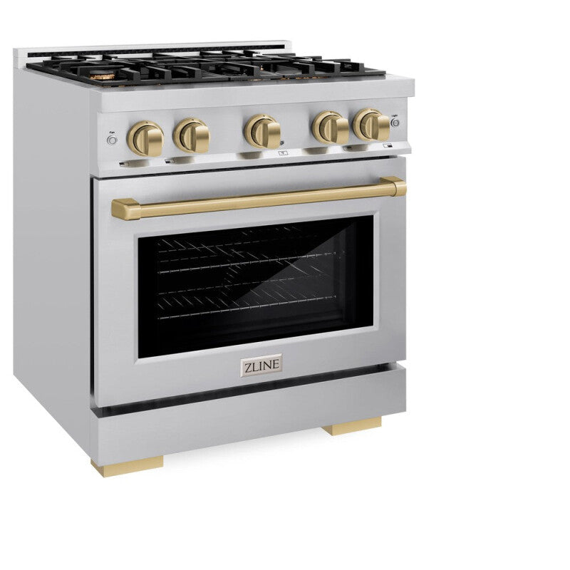 ZLINE Autograph Edition 30 in. 4.2 cu. ft. Select Dual Fuel Range with 4 Burner Gas Cooktop and Electric Convection Oven in Stainless Steel with Champagne Bronze Accents (HDRZ-30-CB) - (HDRZ30CB) -