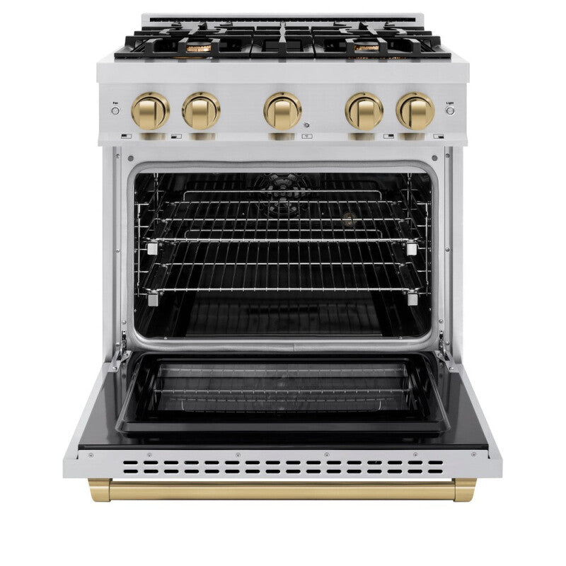 ZLINE Autograph Edition 30 in. 4.2 cu. ft. Select Dual Fuel Range with 4 Burner Gas Cooktop and Electric Convection Oven in Stainless Steel with Champagne Bronze Accents (HDRZ-30-CB) - (HDRZ30CB) -
