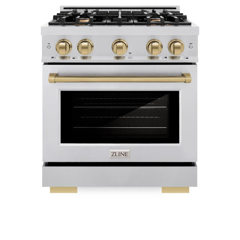 ZLINE Autograph Edition 30 in. 4.2 cu. ft. Select Dual Fuel Range with 4 Burner Gas Cooktop and Electric Convection Oven in Stainless Steel with Champagne Bronze Accents (HDRZ-30-CB) - (HDRZ30CB) -