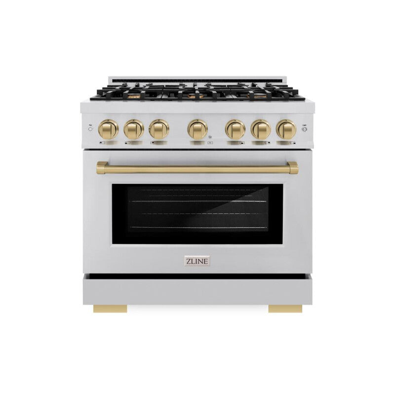 ZLINE Autograph Edition 36 in. 5.2 cu. ft. Select Dual Fuel Range with 6 Burner Gas Cooktop and Electric Convection Oven in Stainless Steel with Champagne Bronze Accents (HDRZ-36-CB) - (HDRZ36CB) -
