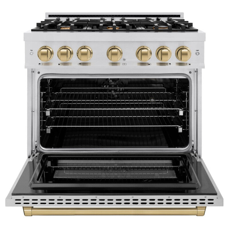 ZLINE Autograph Edition 36 in. 5.2 cu. ft. Select Dual Fuel Range with 6 Burner Gas Cooktop and Electric Convection Oven in Stainless Steel with Champagne Bronze Accents (HDRZ-36-CB) - (HDRZ36CB) -
