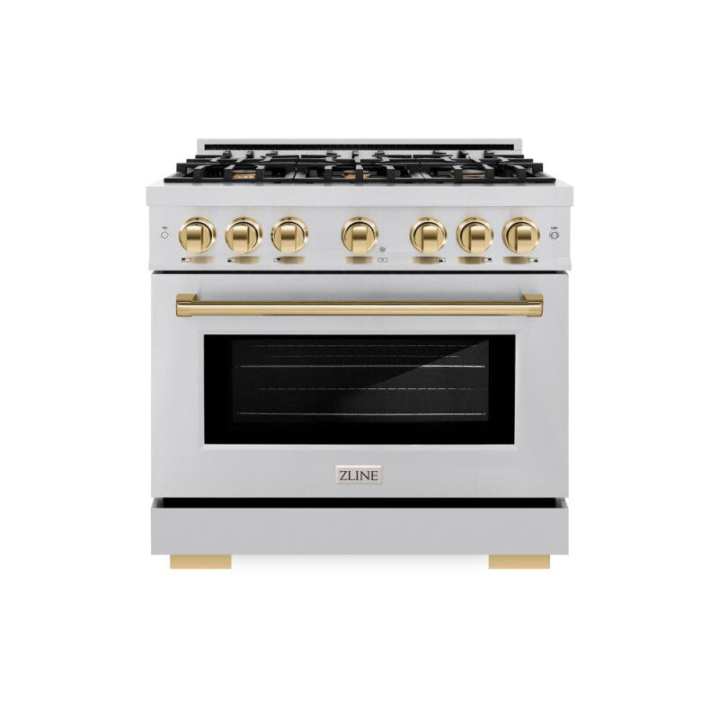 ZLINE Autograph Edition 36 in. 5.2 cu. ft. Select Dual Fuel Range with 6 Burner Gas Cooktop and Electric Convection Oven in Stainless Steel with Polished Gold Accents (HDRZ-36-G) - (HDRZ36G) -