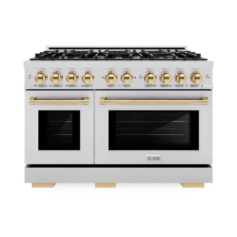 ZLINE Autograph Edition 48 in. 6.7 cu. ft. Select Double Oven Dual Fuel Range with 8 Burner Gas Cooktop in Stainless Steel and Polished Gold Accents (HDRZ-48-G) - (HDRZ48G) -