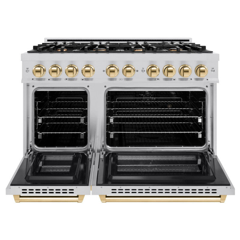 ZLINE Autograph Edition 48 in. 6.7 cu. ft. Select Double Oven Dual Fuel Range with 8 Burner Gas Cooktop in Stainless Steel and Polished Gold Accents (HDRZ-48-G) - (HDRZ48G) -
