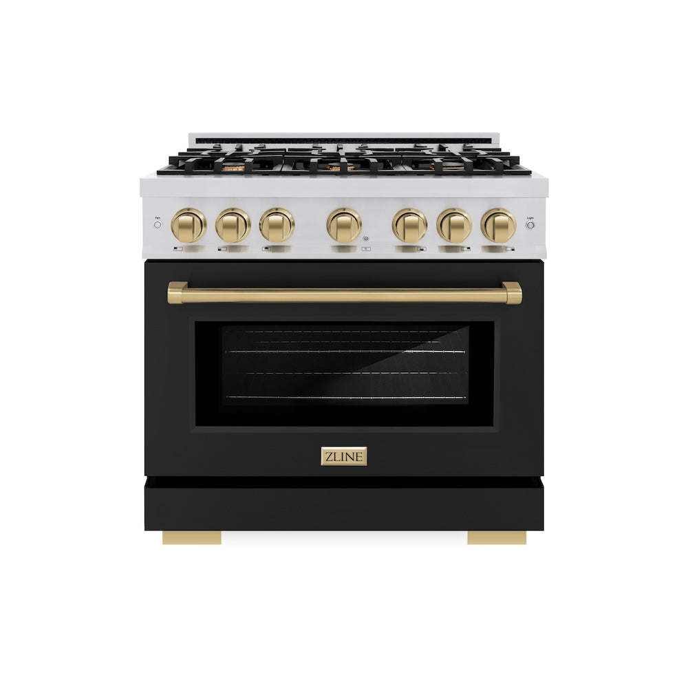 ZLINE Autograph Edition 36 in. 5.2 cu. ft. Select Dual Fuel Range with 6 Burner Gas Cooktop and Electric Convection Oven in Stainless Steel with Black Matte Door and Champagne Bronze Accents (HDRZ-BLM-36-CB) - (HDRZBLM36CB) -