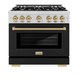 ZLINE Autograph Edition 36 in. 5.2 cu. ft. Select Dual Fuel Range with 6 Burner Gas Cooktop and Electric Convection Oven in Stainless Steel with Black Matte Door and Champagne Bronze Accents (HDRZ-BLM-36-CB) - (HDRZBLM36CB) -