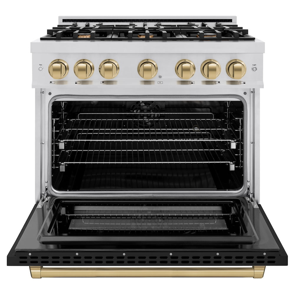 ZLINE Autograph Edition 36 in. 5.2 cu. ft. Select Dual Fuel Range with 6 Burner Gas Cooktop and Electric Convection Oven in Stainless Steel with Black Matte Door and Champagne Bronze Accents (HDRZ-BLM-36-CB) - (HDRZBLM36CB) -