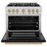 ZLINE Autograph Edition 36 in. 5.2 cu. ft. Select Dual Fuel Range with 6 Burner Gas Cooktop and Electric Convection Oven in Stainless Steel with Black Matte Door and Champagne Bronze Accents (HDRZ-BLM-36-CB) - (HDRZBLM36CB) -