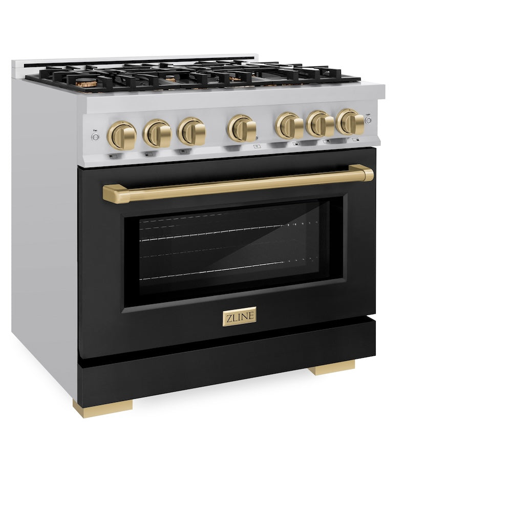 ZLINE Autograph Edition 36 in. 5.2 cu. ft. Select Dual Fuel Range with 6 Burner Gas Cooktop and Electric Convection Oven in Stainless Steel with Black Matte Door and Champagne Bronze Accents (HDRZ-BLM-36-CB) - (HDRZBLM36CB) -