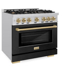 ZLINE Autograph Edition 36 in. 5.2 cu. ft. Select Dual Fuel Range with 6 Burner Gas Cooktop and Electric Convection Oven in Stainless Steel with Black Matte Door and Champagne Bronze Accents (HDRZ-BLM-36-CB) - (HDRZBLM36CB) -