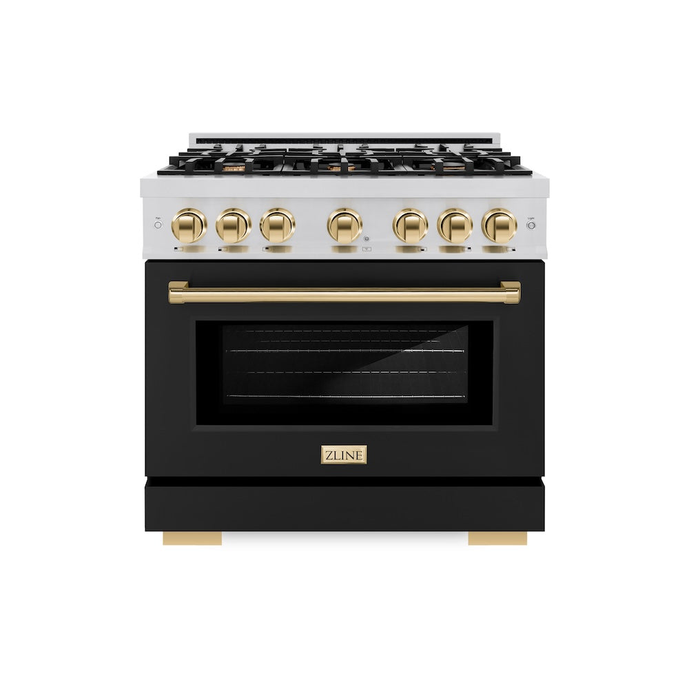 ZLINE Autograph Edition 36 in. 5.2 cu. ft. Select Dual Fuel Range with 6 Burner Gas Cooktop and Electric Convection Oven in Stainless Steel with Black Matte Door and Polished Gold Accents (HDRZ-BLM-36-G) - (HDRZBLM36G) -