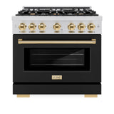 ZLINE Autograph Edition 36 in. 5.2 cu. ft. Select Dual Fuel Range with 6 Burner Gas Cooktop and Electric Convection Oven in Stainless Steel with Black Matte Door and Polished Gold Accents (HDRZ-BLM-36-G) - (HDRZBLM36G) -