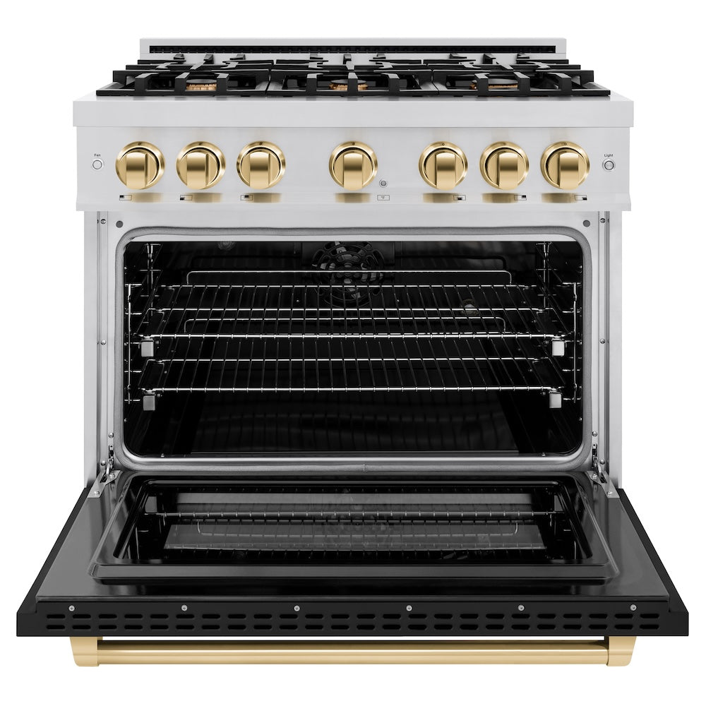 ZLINE Autograph Edition 36 in. 5.2 cu. ft. Select Dual Fuel Range with 6 Burner Gas Cooktop and Electric Convection Oven in Stainless Steel with Black Matte Door and Polished Gold Accents (HDRZ-BLM-36-G) - (HDRZBLM36G) -