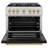 ZLINE Autograph Edition 36 in. 5.2 cu. ft. Select Dual Fuel Range with 6 Burner Gas Cooktop and Electric Convection Oven in Stainless Steel with Black Matte Door and Polished Gold Accents (HDRZ-BLM-36-G) - (HDRZBLM36G) -