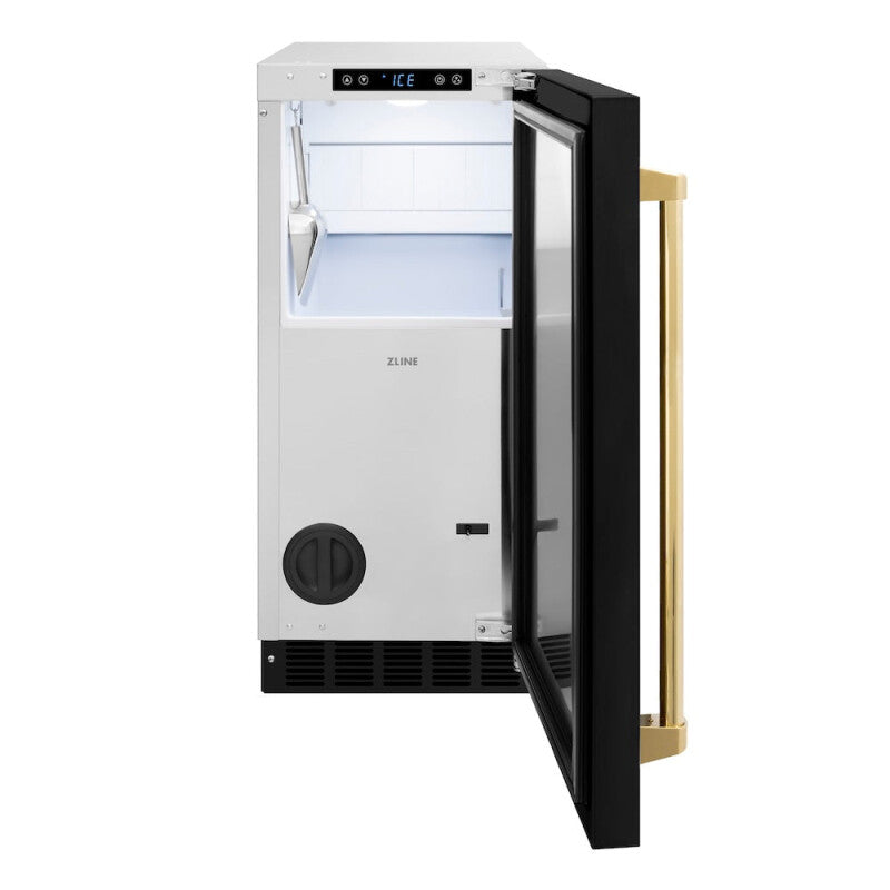 ZLINE Autograph Edition 15 in. Touchstone Gourmet Ice Maker with Drain Pump and Black Matte Door with Polished Gold Handle (IGMDZ-BLM-15-G) - (IGMDZBLM15G) -