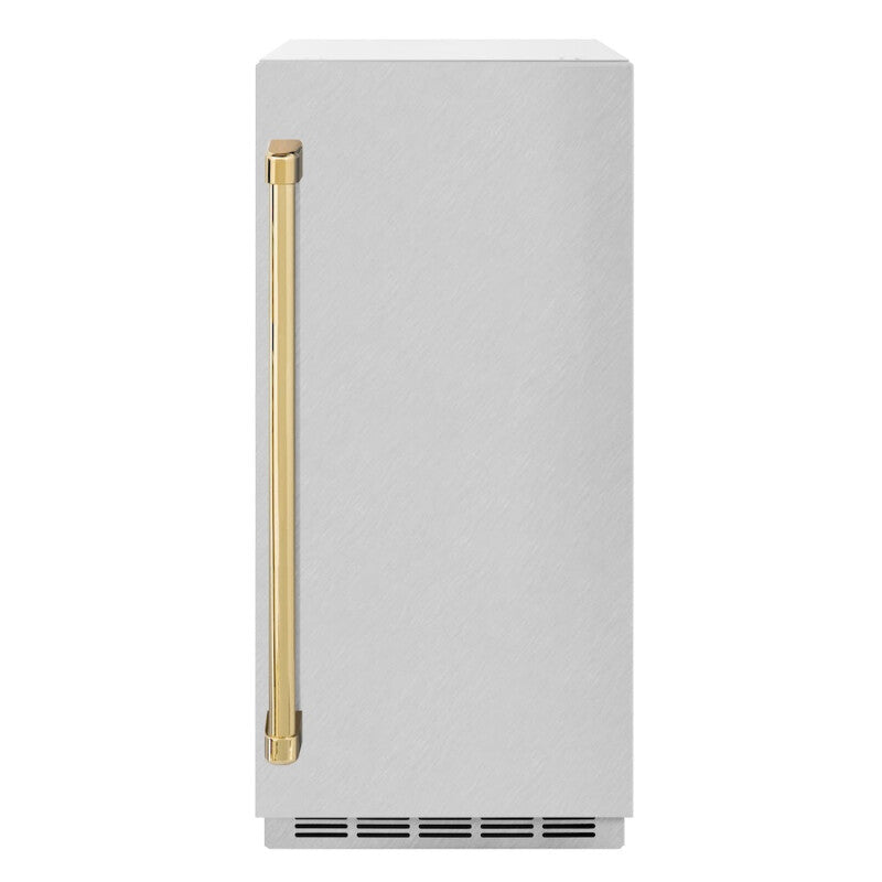 ZLINE Autograph Edition 15 in. Touchstone Gourmet Ice Maker with Drain Pump and Satin Stainless Steel Door with Polished Gold Handle (IGMDZ-SN-15-G) - (IGMDZSN15G) -