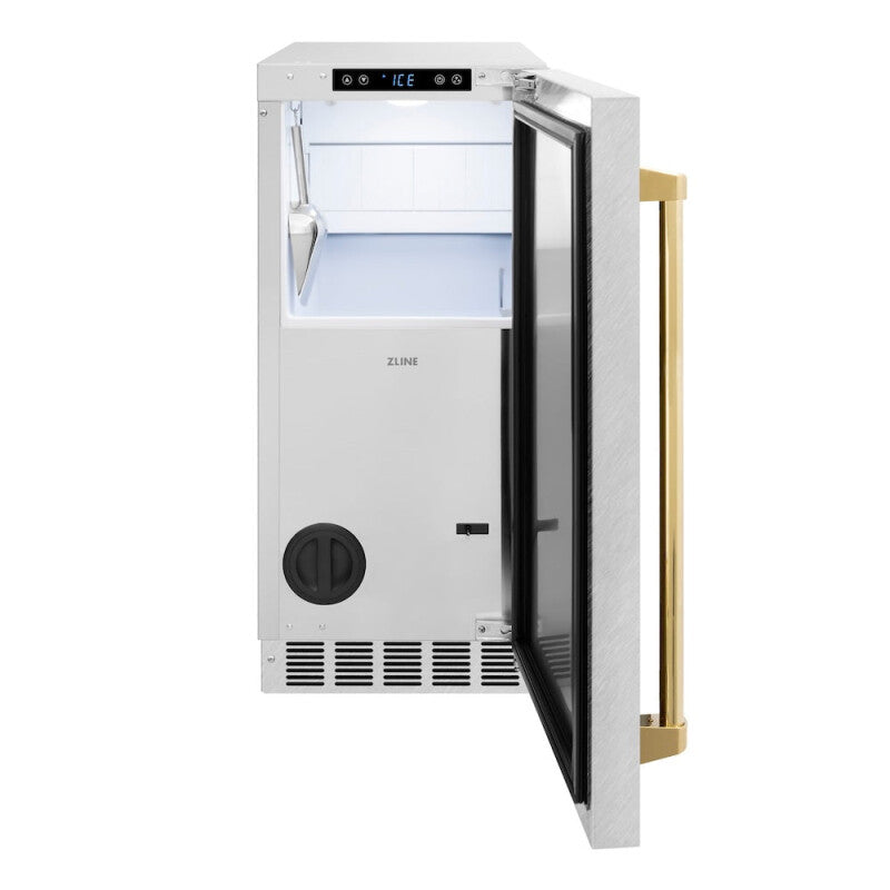 ZLINE Autograph Edition 15 in. Touchstone Gourmet Ice Maker with Drain Pump and Satin Stainless Steel Door with Polished Gold Handle (IGMDZ-SN-15-G) - (IGMDZSN15G) -