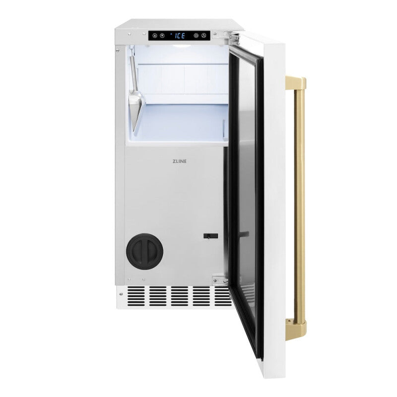 ZLINE Autograph Edition 15 in. Touchstone Gourmet Ice Maker with Drain Pump and White Matte Door with Champagne Bronze Handle (IGMDZ-WM-15-CB) - (IGMDZWM15CB) -