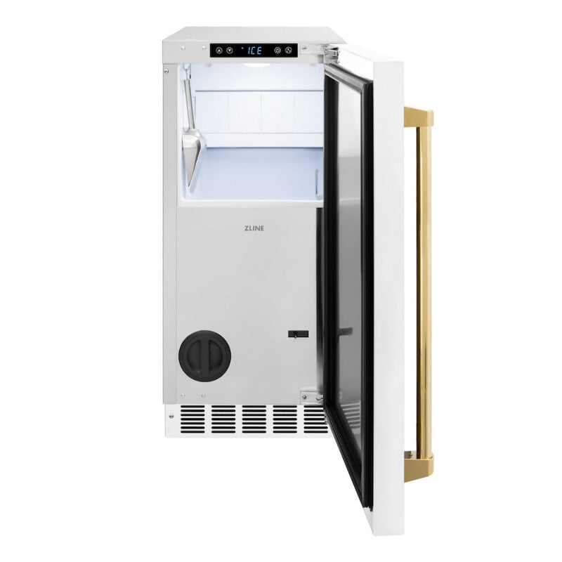 ZLINE Autograph Edition 15 in. Touchstone Gourmet Ice Maker with Drain Pump and White Matte Door with Polished Gold Handle (IGMDZ-WM-15-G) - (IGMDZWM15G) -