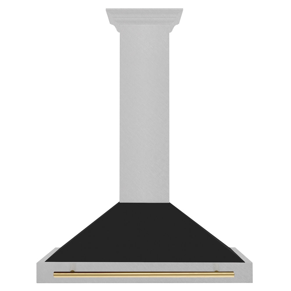 36in. Autograph Edition Convertible Fingerprint Resistant DuraSnow Stainless Steel Range Hood with Black Matte Shell and Polished Gold Handle - (KB4SNZBLM36G) -