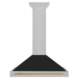 36in. Autograph Edition Convertible Fingerprint Resistant DuraSnow Stainless Steel Range Hood with Black Matte Shell and Polished Gold Handle - (KB4SNZBLM36G) -