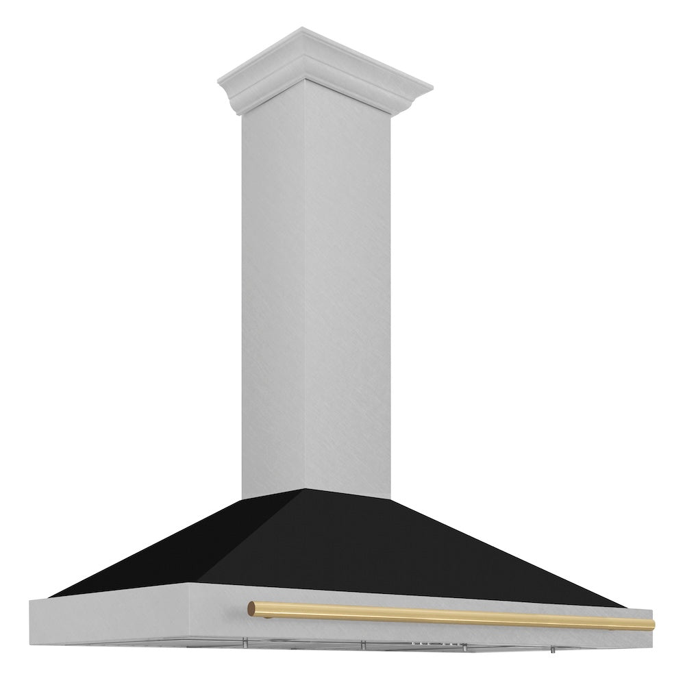 48in. Autograph Edition Convertible Fingerprint Resistant DuraSnow Stainless Steel Range Hood with Black Matte Shell and Polished Gold Handle - (KB4SNZBLM48G) -