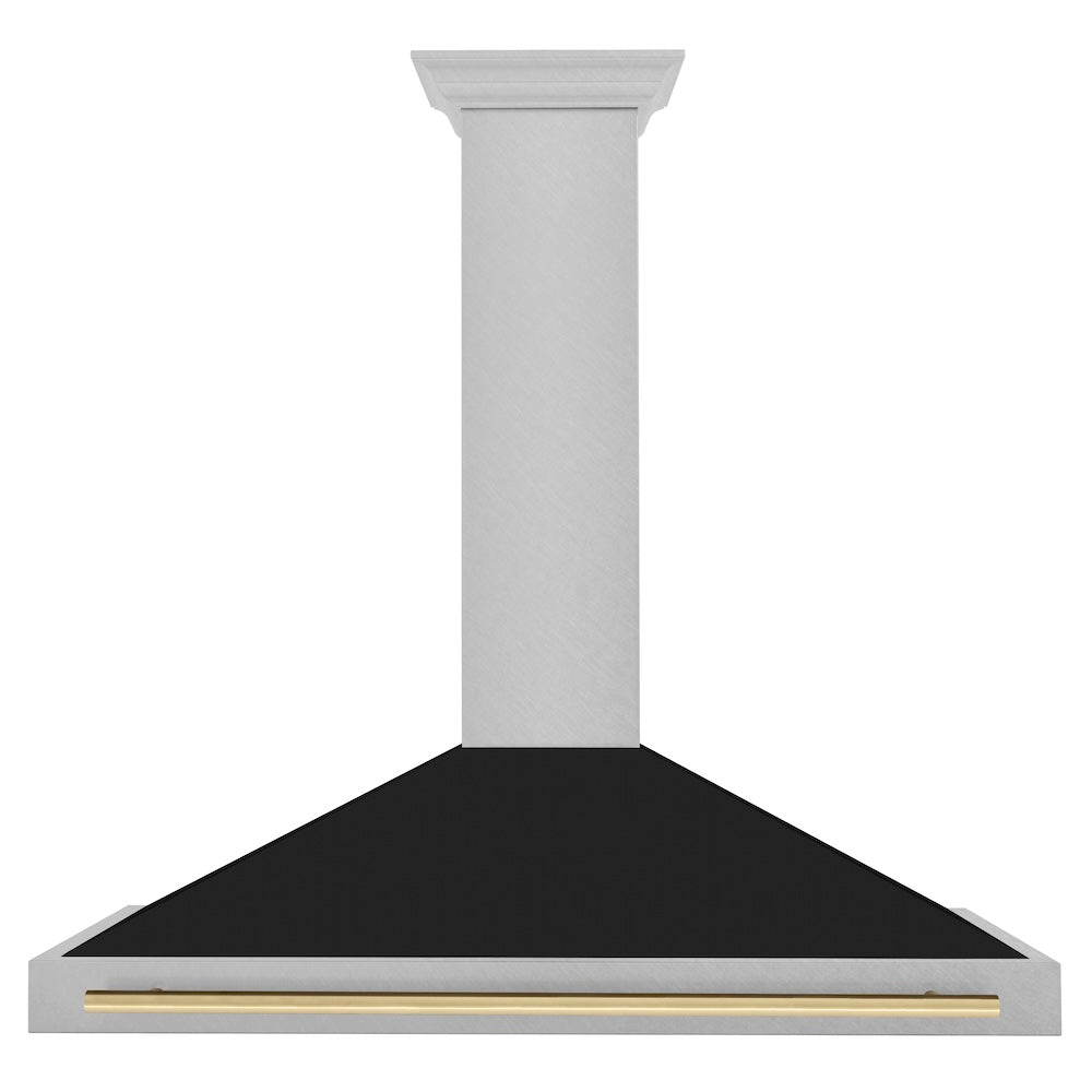48in. Autograph Edition Convertible Fingerprint Resistant DuraSnow Stainless Steel Range Hood with Black Matte Shell and Polished Gold Handle - (KB4SNZBLM48G) -