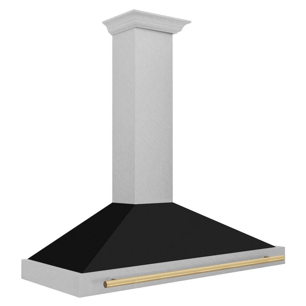 48in. Autograph Edition Convertible Fingerprint Resistant DuraSnow Stainless Steel Range Hood with Black Matte Shell and Polished Gold Handle - (KB4SNZBLM48G) -