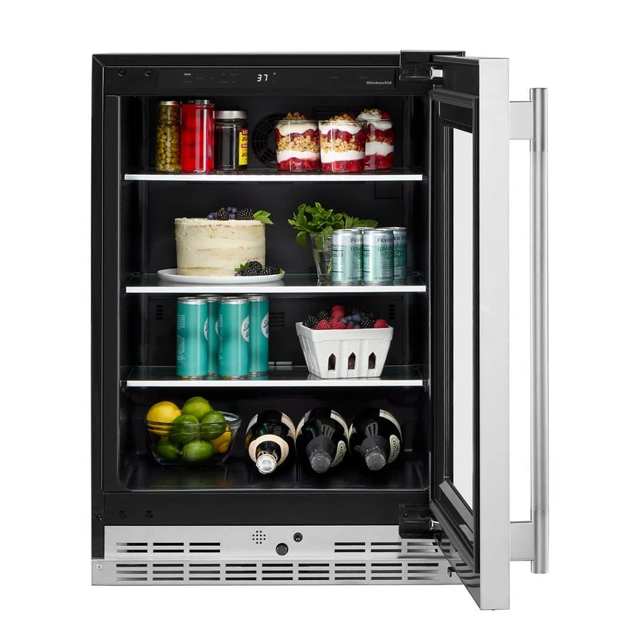 24" Undercounter Refrigerator with Glass Door and Shelves with Metallic Accents - (KURR524SPS)
