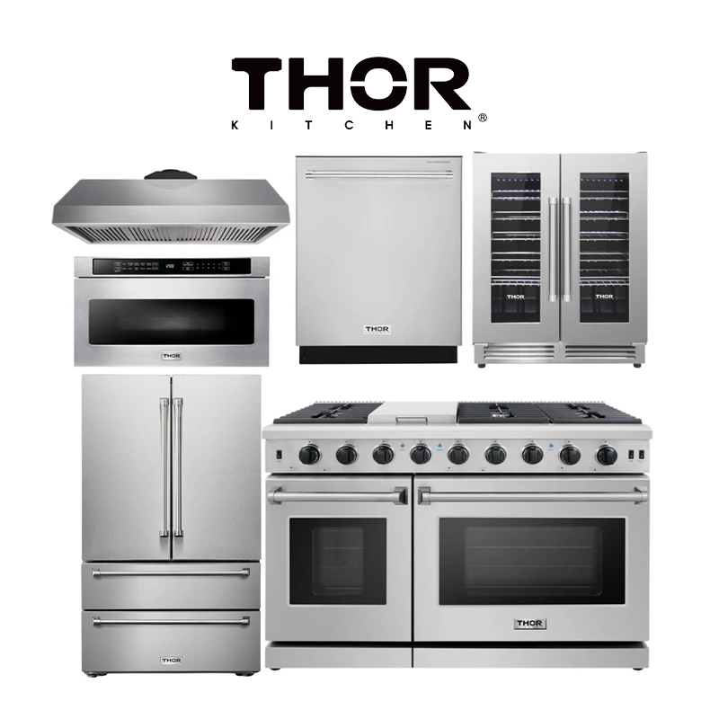 THOR Kitchen Package - 48" Propane Gas Range, Range Hood, Refrigerator, Dishwasher, Wine Cooler, Microwave, AP-LRG4807ULP-8
