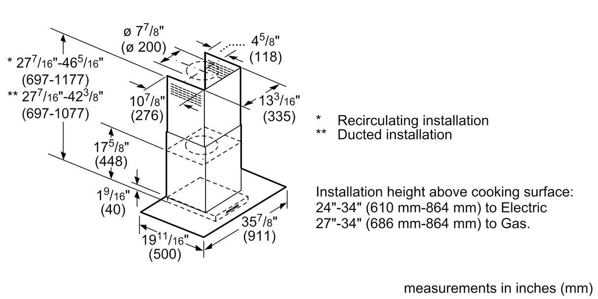 Bosch HCG56651UC wall hood dimension line drawing