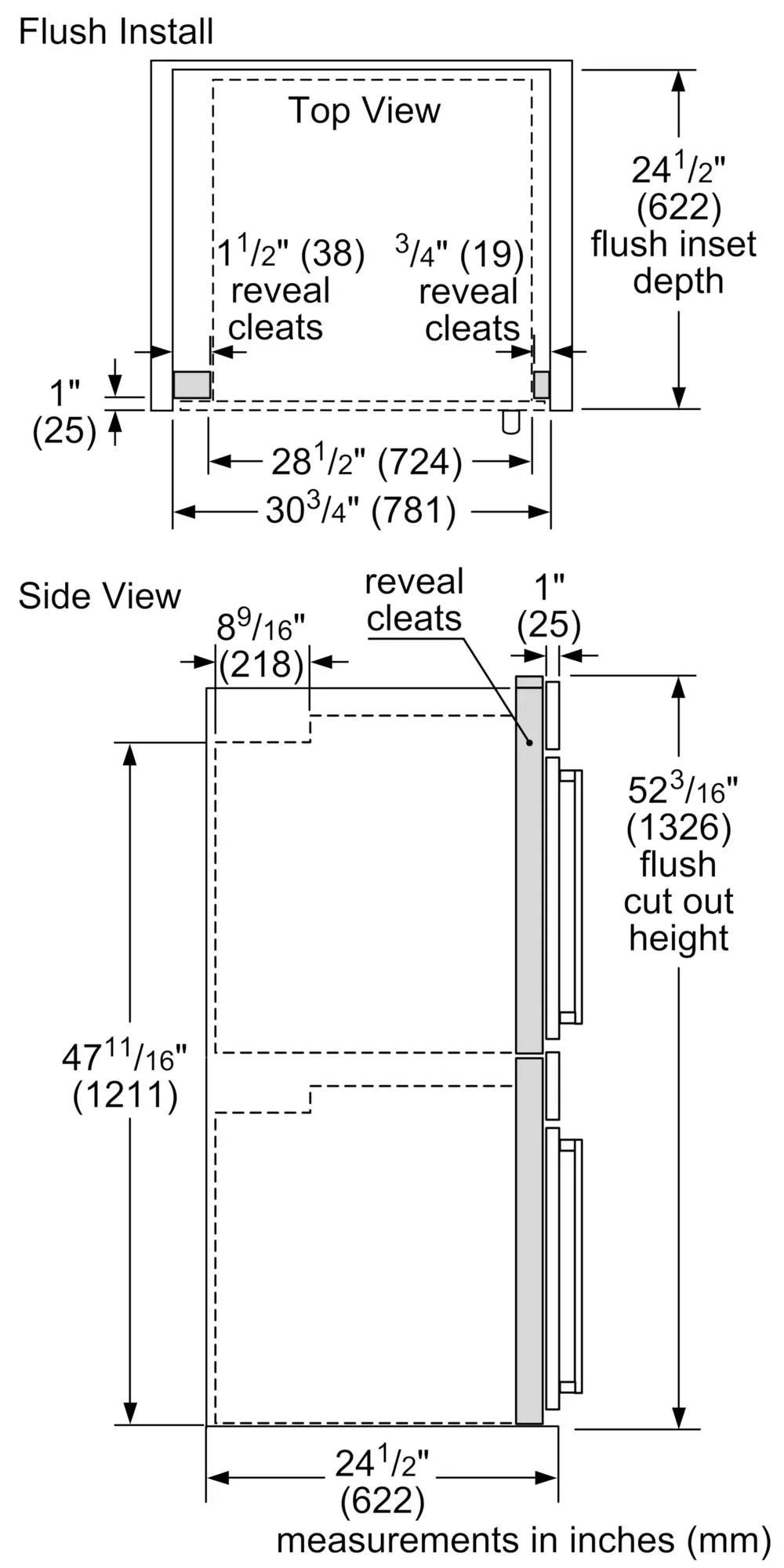 Bosch HBLP651LUC double wall oven dimensions line drawing