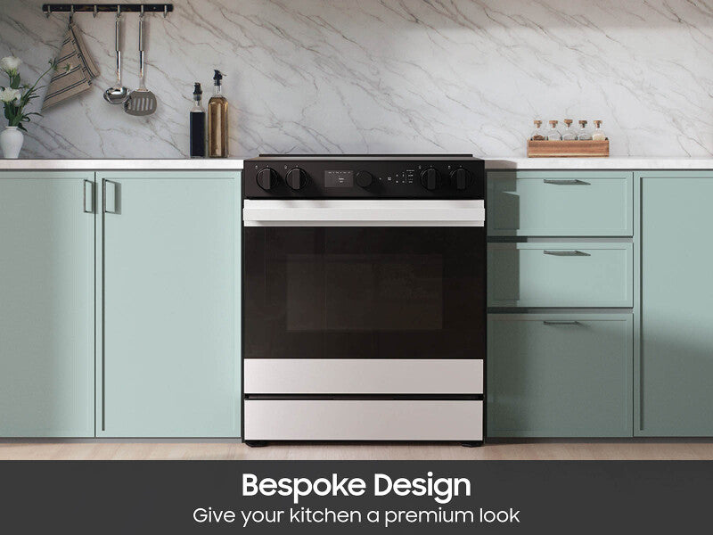 Bespoke 6.3 cu. ft. Smart Slide-In Electric Range with Smart Oven Camera & Illuminated Precision Knobs in White Glass - (NSE6DB870012AA)