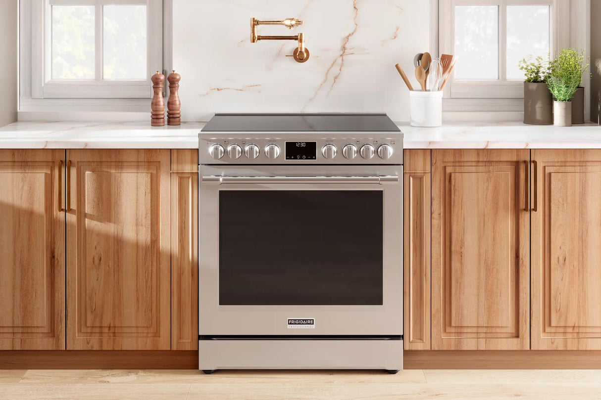 Frigidaire Professional 30" Slide-In Electric Range with Total Convection &amp; Air Fry, 6.2 Cu. Ft., Smudge-Proof Stainless Steel - PCFE3080AF
