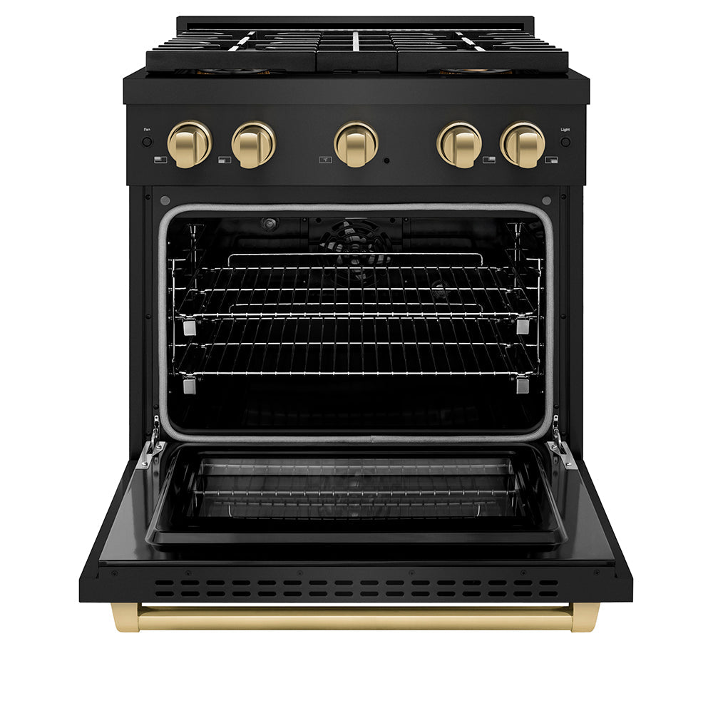 ZLINE Autograph Edition 30 in. 4.2 cu. ft. Paramount Dual Fuel Range with 4 Burner DuoPro™ Cooktop and Electric Convection Oven in Black Stainless Steel and Champagne Bronze Accents (PSDRBZ-30-CB) - (PSDRBZ30CB) -