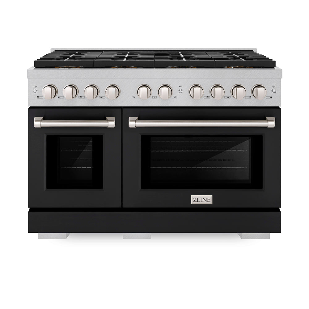 ZLINE 48 in. 6.7 cu. ft. Paramount Dual Fuel Range with 8 Burner DuoPro™ Cooktop and Dual Ovens in Satin Stainless Steel with Black Matte Doors (PSDRS-BLM-48) - (PSDRSBLM48) -