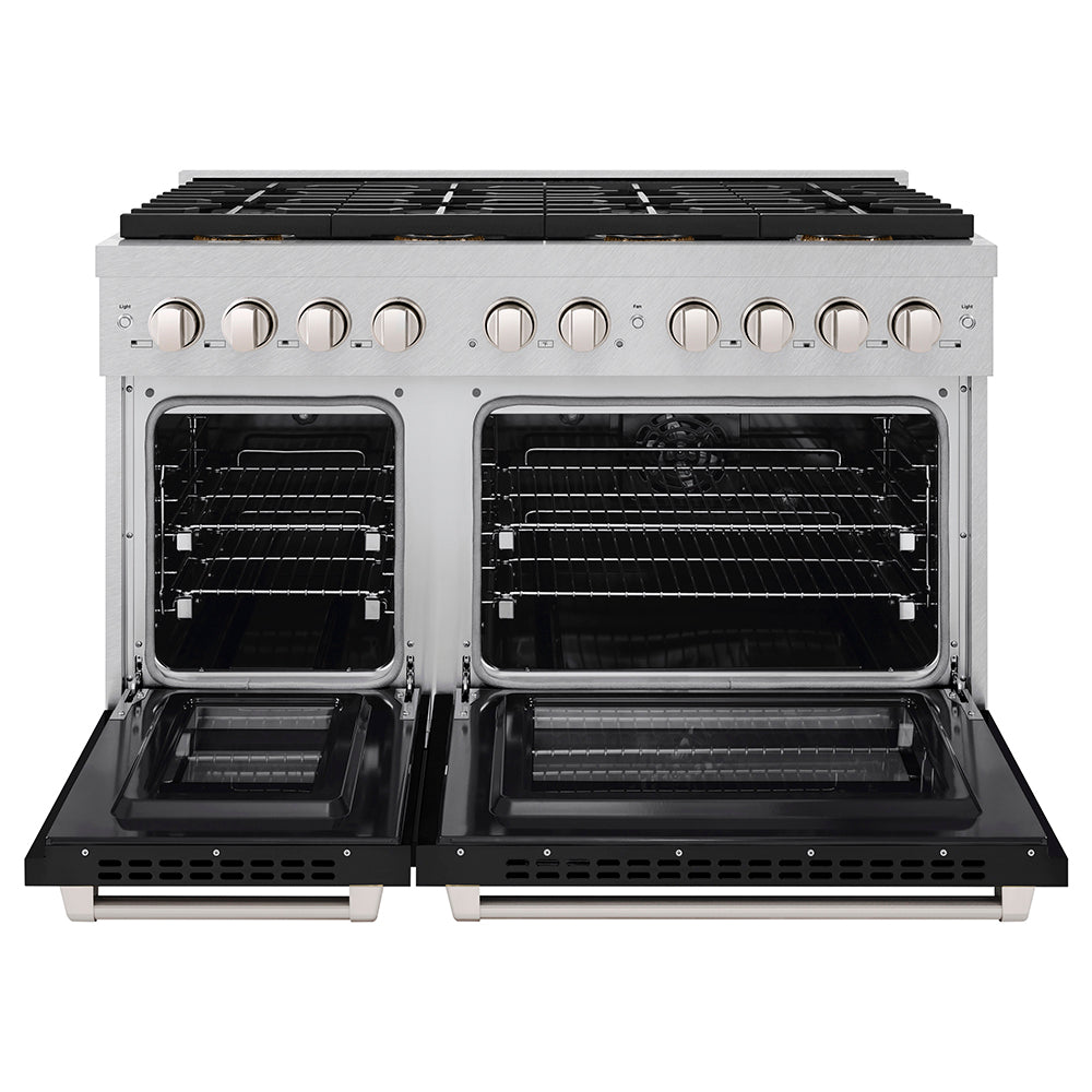 ZLINE 48 in. 6.7 cu. ft. Paramount Dual Fuel Range with 8 Burner DuoPro™ Cooktop and Dual Ovens in Satin Stainless Steel with Black Matte Doors (PSDRS-BLM-48) - (PSDRSBLM48) -