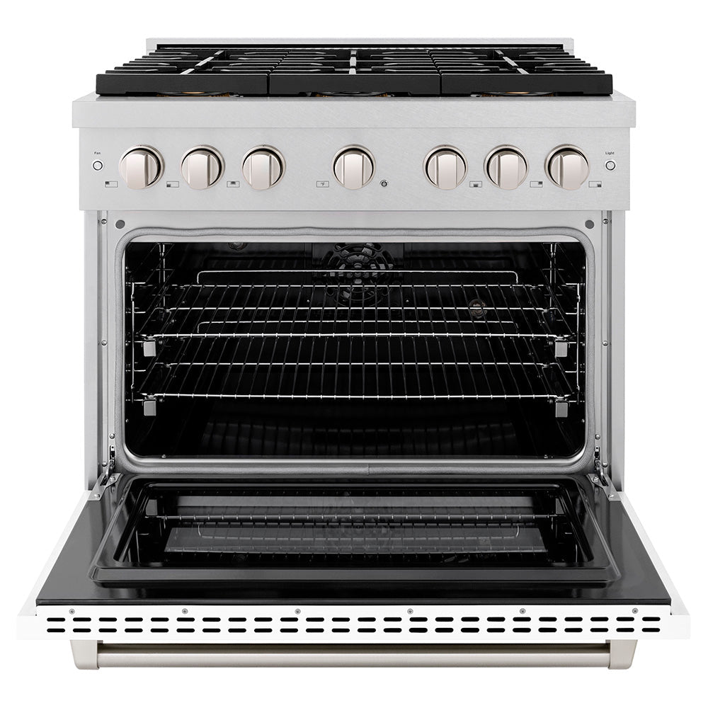 ZLINE 36 in. 5.2 cu. ft. Paramount Dual Fuel Range with 6 Burner DuoPro™ Cooktop and Electric Convection Oven in Satin Stainless Steel with White Matte Door (PSDRS-WM-36) - (PSDRSWM36) -