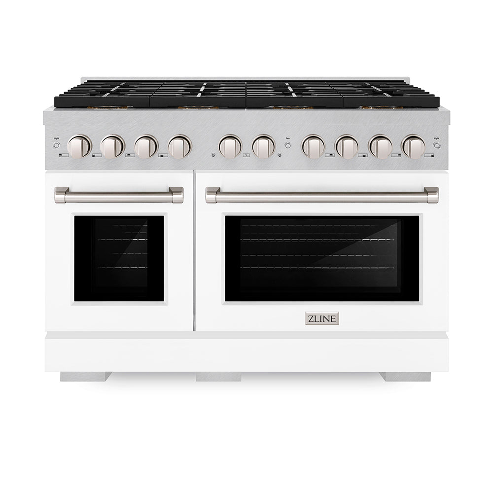 ZLINE 48 in. 6.7 cu. ft. Paramount Dual Fuel Range with 8 Burner DuoPro™ Cooktop and Dual Ovens in Satin Stainless Steel with White Matte Doors (PSDRS-WM-48) - (PSDRSWM48) -