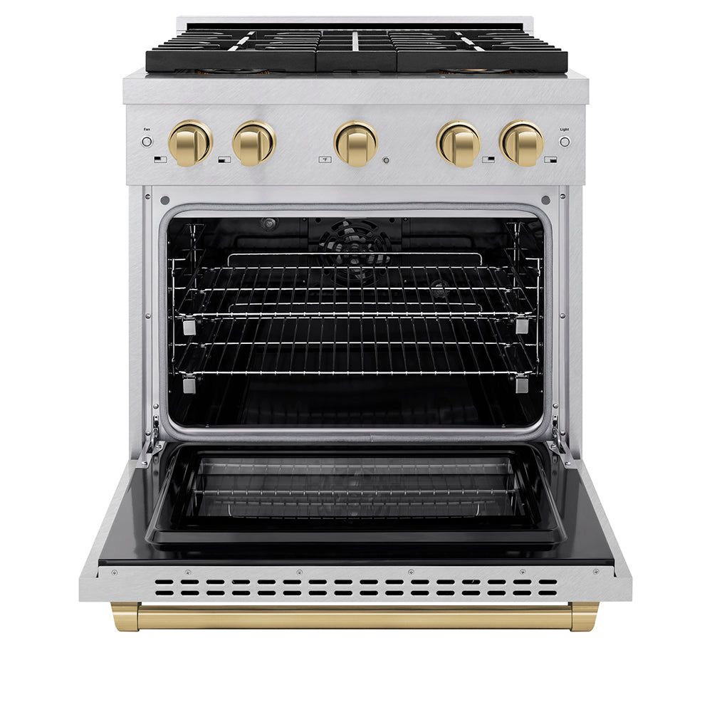 ZLINE Autograph Edition 30 in. 4.2 cu. ft. Paramount Dual Fuel Range with 4 Burner DuoPro™ Cooktop and Electric Convection Oven in Satin Stainless Steel and Champagne Bronze Accents (PSDRSZ-30-CB) - (PSDRSZ30CB) -