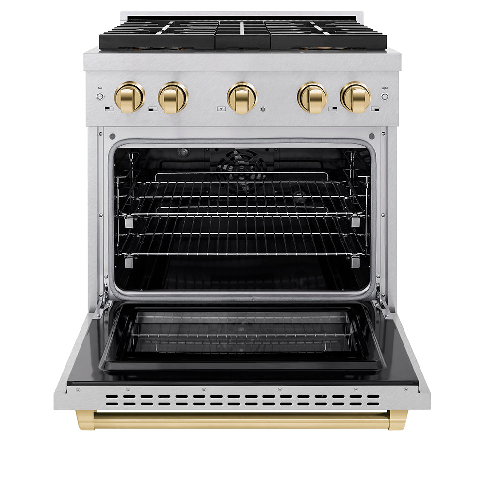 ZLINE Autograph Edition 30 in. 4.2 cu. ft. Paramount Dual Fuel Range with 4 Burner DuoPro™ Cooktop and Electric Convection Oven in Satin Stainless Steel and Polished Gold Accents (PSDRSZ-30-G) - (PSDRSZ30G) -