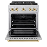 ZLINE Autograph Edition 30 in. 4.2 cu. ft. Paramount Dual Fuel Range with 4 Burner DuoPro™ Cooktop and Electric Convection Oven in Satin Stainless Steel and Polished Gold Accents (PSDRSZ-30-G) - (PSDRSZ30G) -