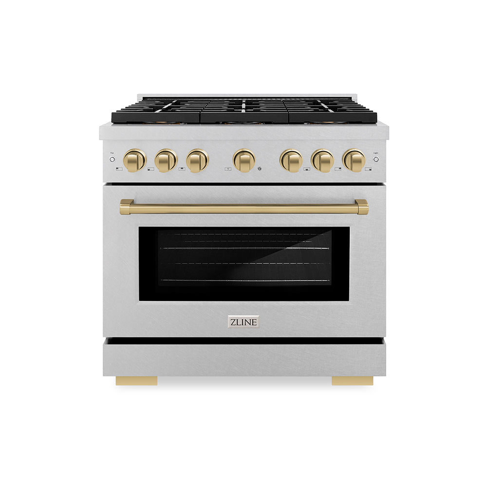 ZLINE Autograph Edition 36 in. 5.2 cu. ft. Paramount Dual Fuel Range with 6 Burner DuoPro™ Cooktop and Electric Convection Oven in Satin Stainless Steel and Champagne Bronze Accents (PSDRSZ-36-CB) - (PSDRSZ36CB) -