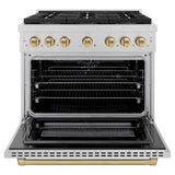 ZLINE Autograph Edition 36 in. 5.2 cu. ft. Paramount Dual Fuel Range with 6 Burner DuoPro™ Cooktop and Electric Convection Oven in Satin Stainless Steel and Champagne Bronze Accents (PSDRSZ-36-CB) - (PSDRSZ36CB) -